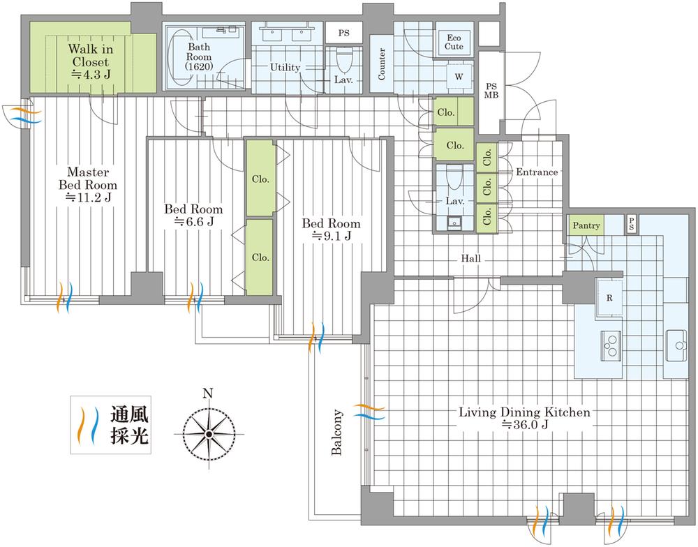 Floor plan. 3LDK, Price 165 million yen, Footprint 152.46 sq m , Balcony area 6.44 sq m 150 square meters more than the south-facing angle dwelling unit. Separating the LD and the living room space, Peace of mind even when the visitor.