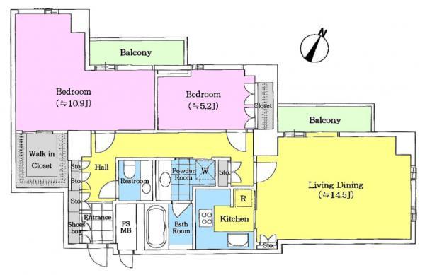 Floor plan. 2LDK, Price 110 million yen, Occupied area 84.46 sq m , Balcony area 7.44 sq m