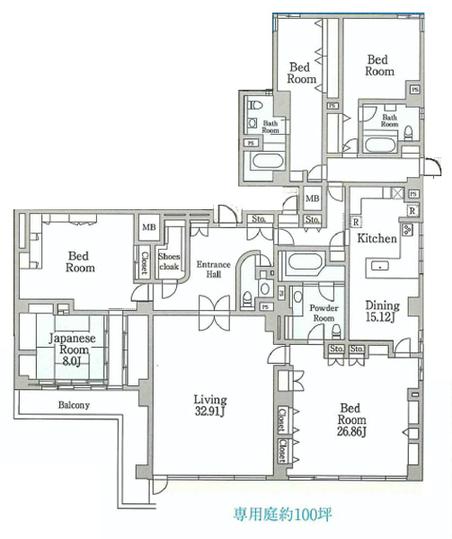 Floor plan. 4LDK, Price 220 million yen, Day is good per occupied area 332.4 sq m southeast angle room.   ※ It is not in the survey map