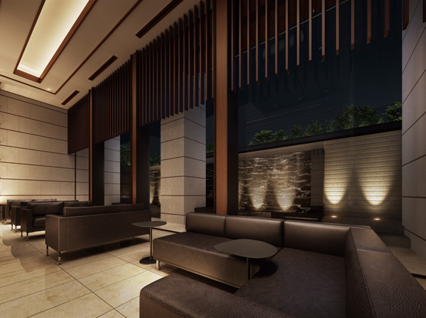 Shared facilities.  [Lounge Rendering CG] Hotel elegant lounge as lobby, Nestled a sofa that was settled by the window of the large opening overlooking the Seascapes, Or talking with people, And directs rich space to spend the time and spacious alone.