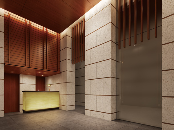 Shared facilities.  [Concierge counter Rendering CG] In the entrance hall that texture of stone and wood to feel the warmth is roll out the red carpet, Concierge counter provided to its side is, Emits light the front panel of the lighting to represent the hospitality of the heart, Representing a gentle presence.