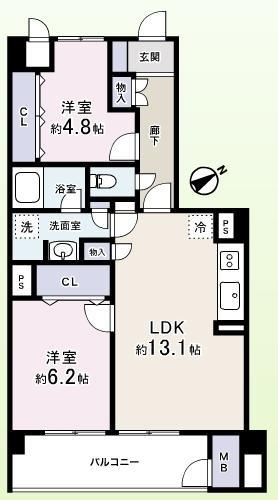 Floor plan. 2LDK, Price 31,800,000 yen, Footprint 60.7 sq m , Balcony area 8.1 sq m