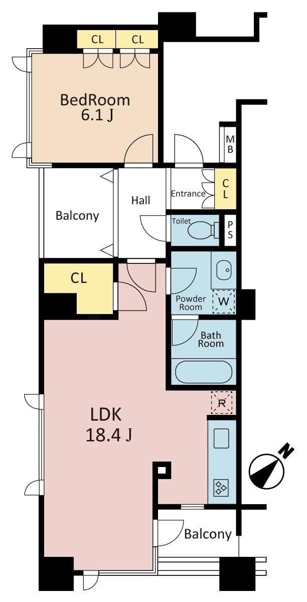 Floor plan. 1LDK, Price 67,800,000 yen, Occupied area 56.99 sq m , Balcony area 7.6 sq m flow line is clearly, Becoming easy-to-use floor plan.