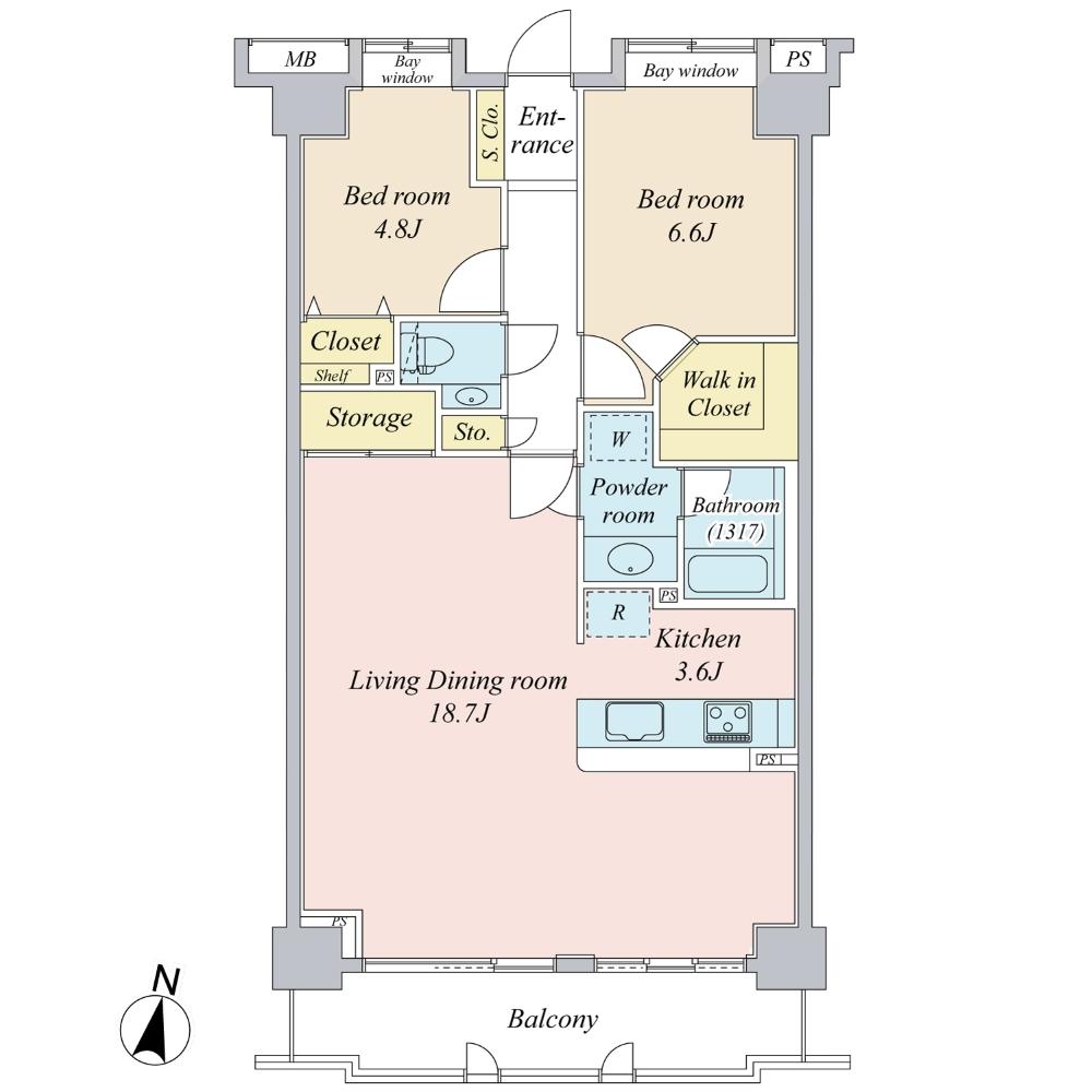 Floor plan. 2LDK, Price 74 million yen, Footprint 76.2 sq m , Balcony area 9.58 sq m