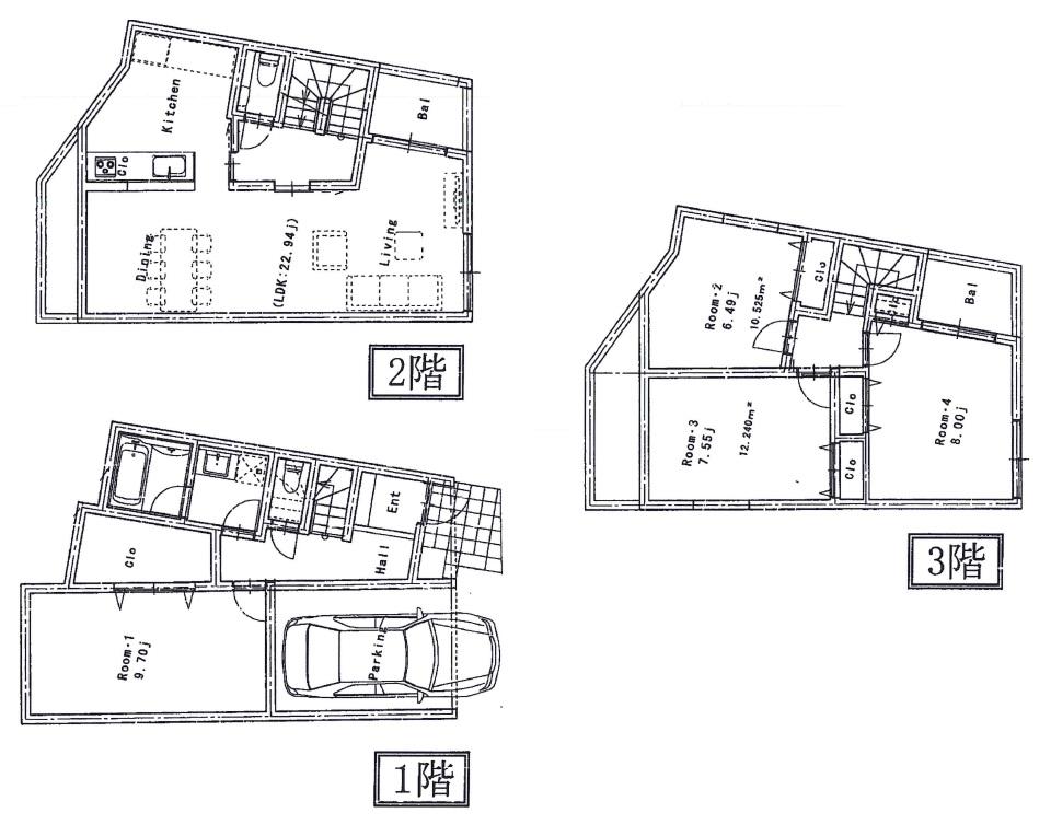 Building plan example (floor plan). 3-story reference plan