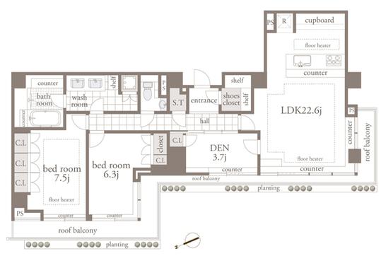 Floor plan. 2LDK, Price 210 million yen, Occupied area 99.39 sq m , Balcony area 15.75 sq m floor plan It is open-minded room per wide span design.
