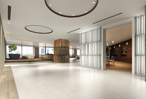Features of the building.  [Canal Lounge ・ Library lounge Rendering CG] Library lounge, Partnership with "Aoyama Book Center", Interchanged regularly bookshelf of books and magazines (part only), Also planned services that can be viewed free.