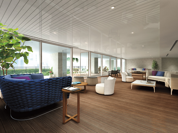 Features of the building.  [Canal lounge Rendering CG] In the canal-side to the "Canal lounge" is, It is laid wooden deck that is continuous to the outside, Such as placing the sofa for the outdoors, Directing the urban resort of waterside.