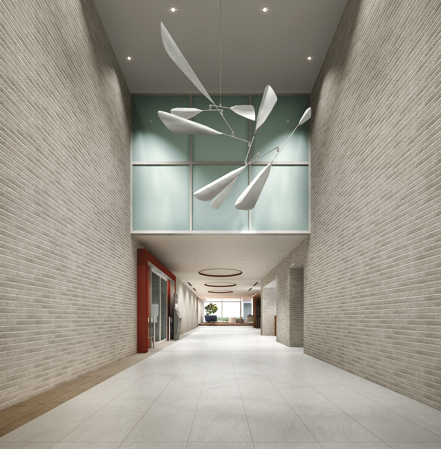 Features of the building.  [Entrance Hall Rendering CG] Two-tier atrium on the ceiling of the "entrance hall" is, Art in the motif gull is installed, Greets a live person.