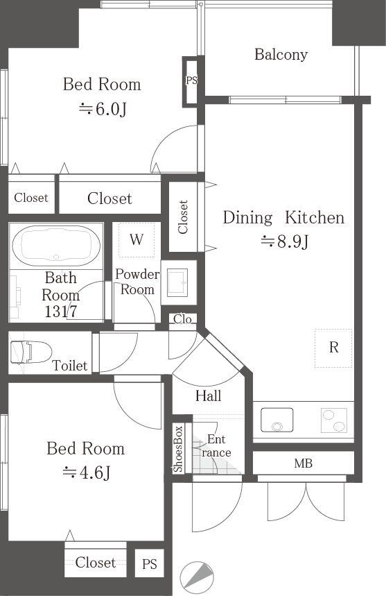 Floor plan. 2DK, Price 41,800,000 yen, Occupied area 47.28 sq m , Balcony area 4.59 sq m