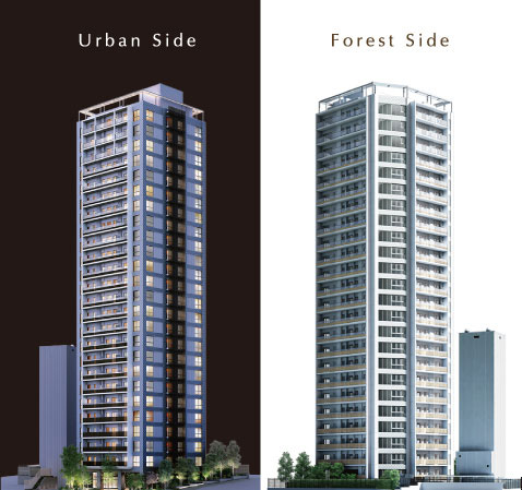 Features of the building.  [Exterior - Rendering] Among the no streets of Tower Residence around, Conspicuously stand out 25-storey silhouette. "Shinagawa Station district ・ To concert with the city "to" Urban Side "is, Adopt the dark wood of the louver. Louver extending vertically of the north side will emphasize the height of the tower. "Takanawa district ・ To concert with nature "to" Forest side "is, The grain of natural color. It drew a facial expression to be green and soft harmony.