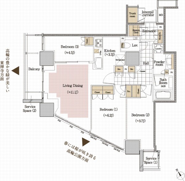 E2 type ・ 3LDK + trunk room occupied area / 72.67 sq m (trunk room including area 1.00 sq m) Balcony area / 5.71 sq m service space (1) area / 1.73 sq m  Service space (2) area / 0.90 sq m