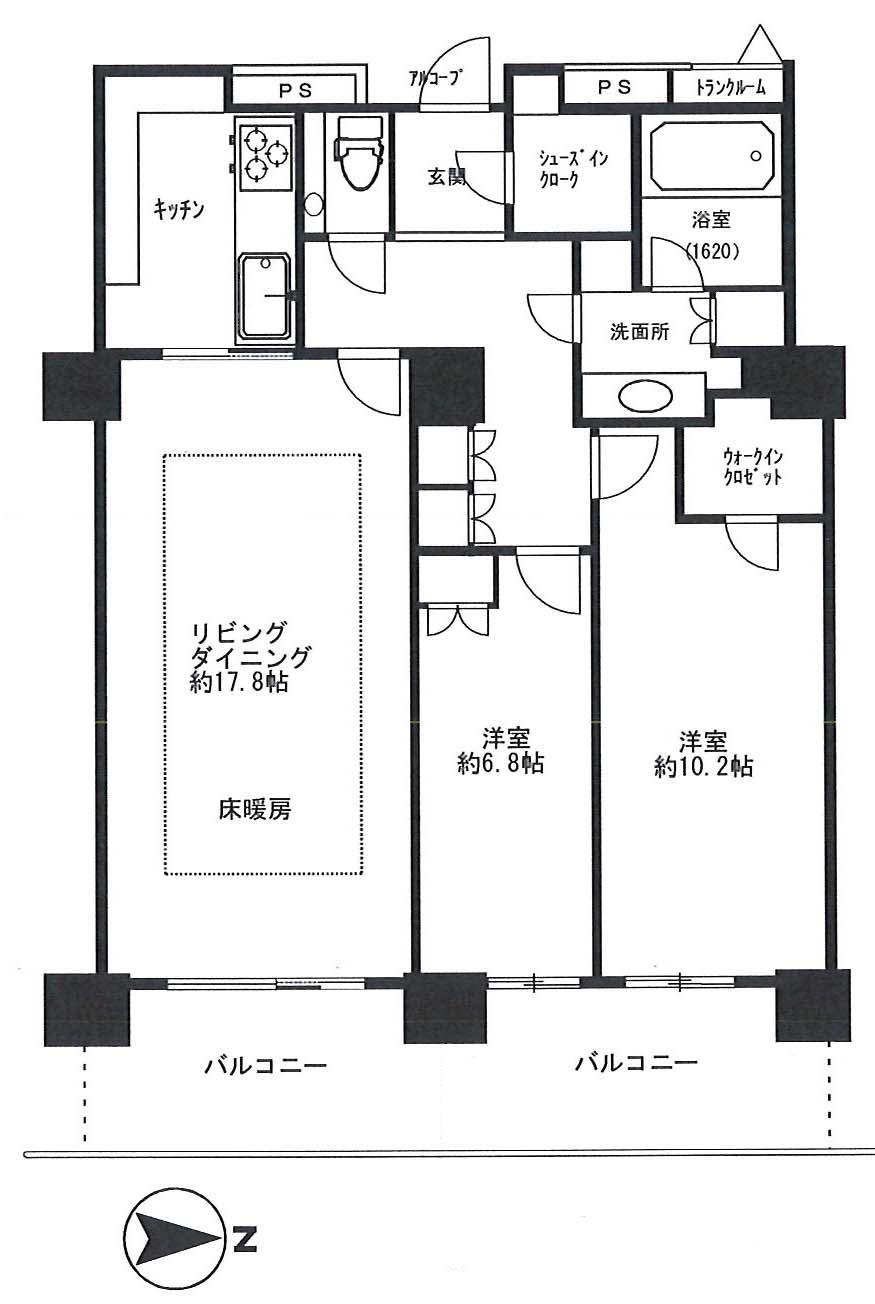 Floor plan. 2LDK, Price 79,800,000 yen, Occupied area 93.66 sq m , Balcony area 14.56 sq m