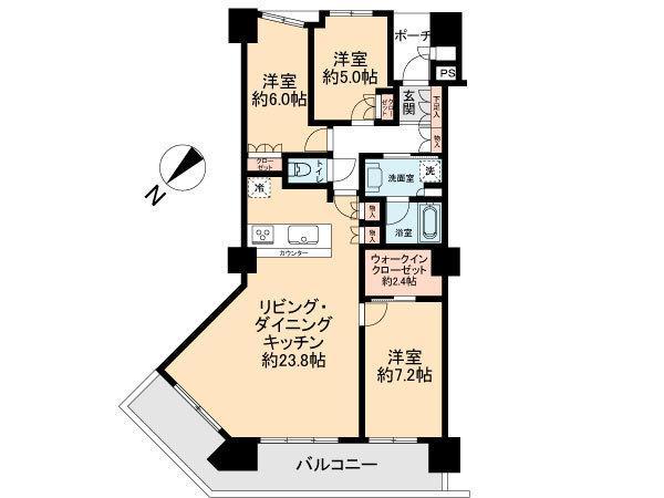 Floor plan. 3LDK, Price 67,900,000 yen, Occupied area 89.86 sq m , Balcony area 18.36 sq m