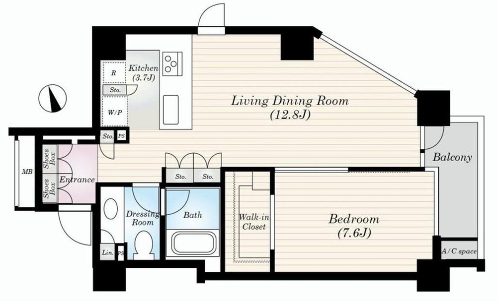 Floor plan. 1LDK, Price 54,800,000 yen, Occupied area 58.21 sq m , Balcony area 5.28 sq m