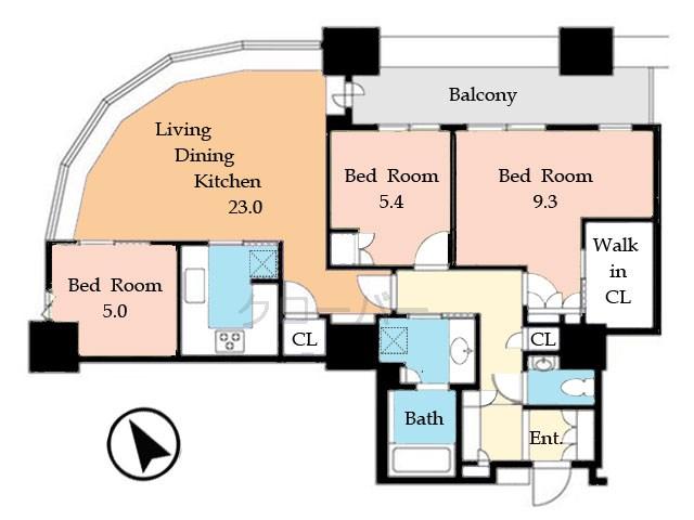 Floor plan. 3LDK, Price 96,800,000 yen, Occupied area 97.46 sq m , Balcony area 8.76 sq m