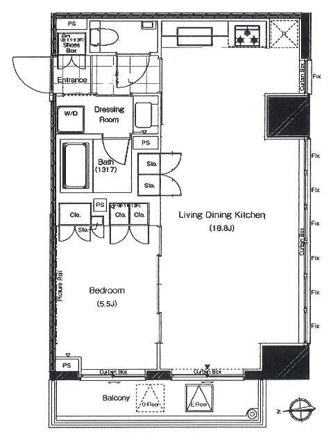 Floor plan. 1LDK, Price 55 million yen, Occupied area 52.56 sq m , Balcony area 5.87 sq m