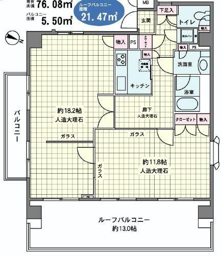 Floor plan. 2LDK, Price 56,800,000 yen, Occupied area 76.08 sq m , Balcony area 5.5 sq m