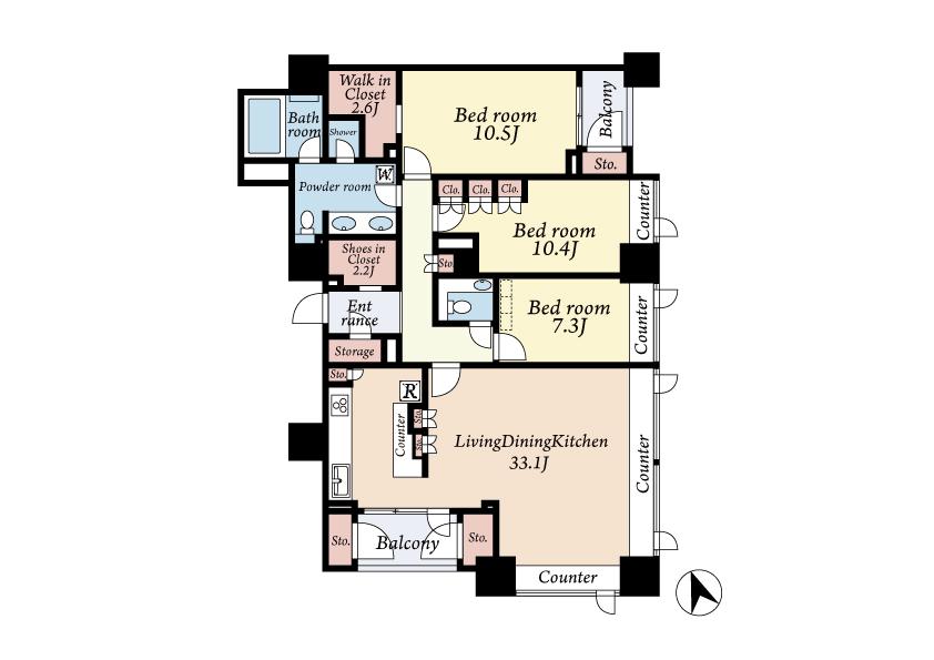 Floor plan. 3LDK, Price 278 million yen, Footprint 143.22 sq m , Balcony area 12.56 sq m LDK33.1 Pledge, All room 7 quires more. Storage is also abundant.