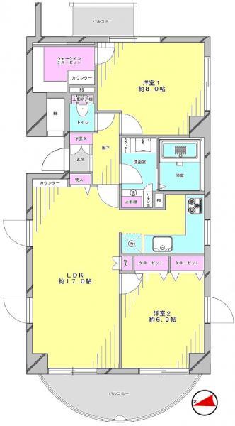 Floor plan. 2LDK, Price 58,800,000 yen, Occupied area 73.12 sq m , Balcony area 9.41 sq m