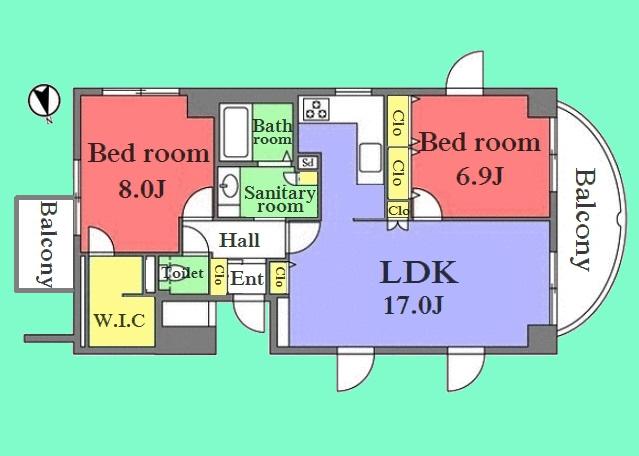 Floor plan. 2LDK, Price 58,800,000 yen, Occupied area 73.12 sq m , Balcony area 9.41 sq m