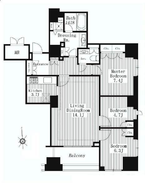 Floor plan. 3LDK, Price 89 million yen, Occupied area 85.16 sq m , Balcony area 7.63 sq m