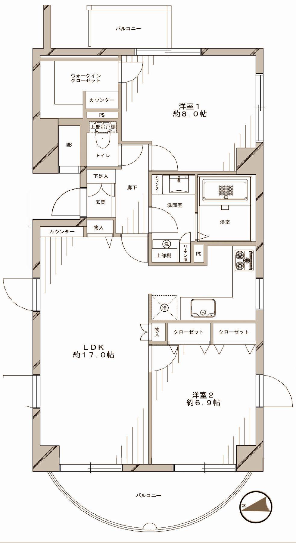 Floor plan. 2LDK, Price 58,800,000 yen, Occupied area 73.12 sq m , 2LDK of balcony area 9.41 sq m 4 direction angle room
