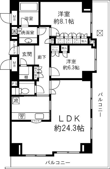 Floor plan. 2LDK, Price 125 million yen, Footprint 91.1 sq m , Balcony area 29.88 sq m 2LDK, Price 125 million yen, Footprint 91.1 sq m , Large LDK of balcony area 29.88 sq m about 24 Pledge ・ Each room 6 quires more