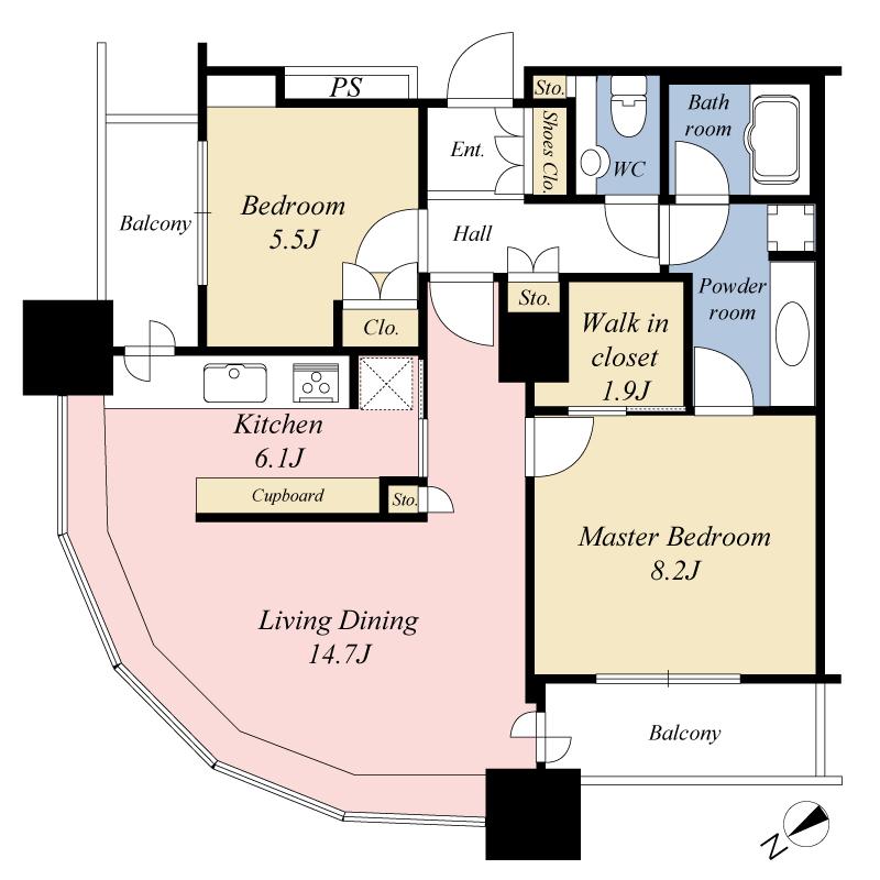 Floor plan. 2LDK, Price 92 million yen, Occupied area 77.06 sq m , Balcony area 8.12 sq m
