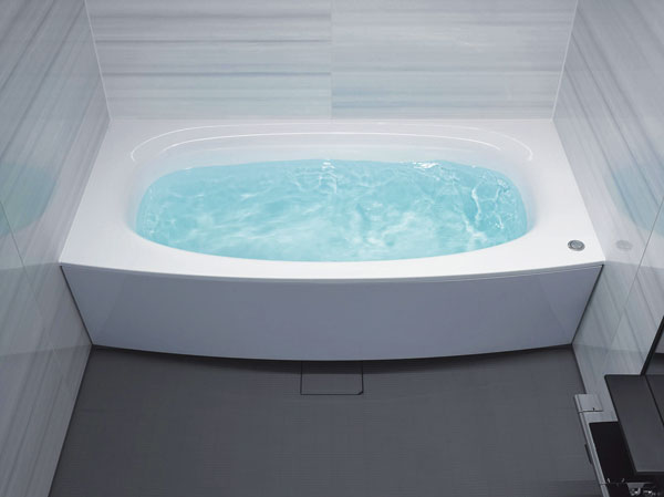 Bathing-wash room.  [Organic glass-based new material Bow soaking bathtubs] It adopted the organic glass-based new material that repels water and dirt, Tub of smooth design. It will produce a comfortable bath time. (Same specifications)