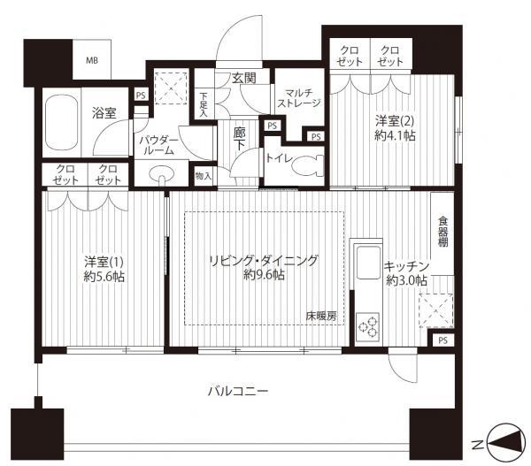 Floor plan. 2LDK, Price 54,800,000 yen, Occupied area 53.89 sq m , Balcony area 17.6 sq m