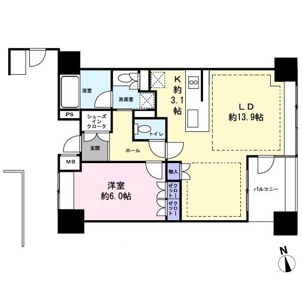 Floor plan. 1LDK, Price 47,500,000 yen, Occupied area 55.16 sq m , Balcony area 5.4 sq m