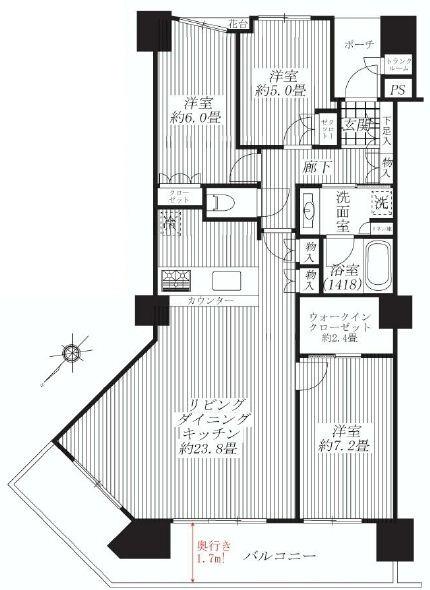 Floor plan. 3LDK, Price 67,900,000 yen, Occupied area 89.86 sq m , Balcony area 18.36 sq m
