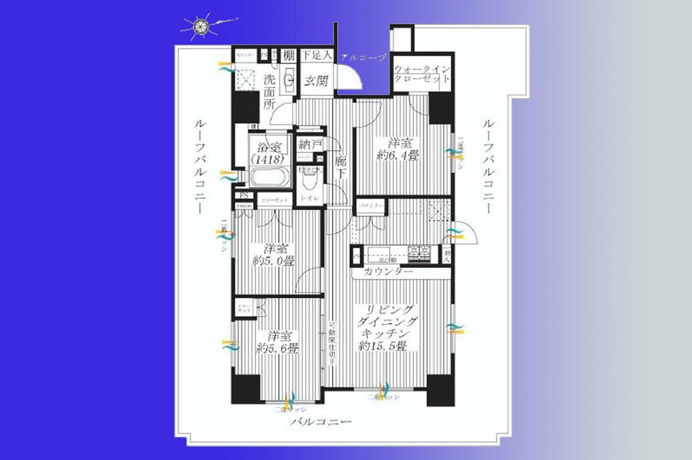 Floor plan. 3LDK, Price 62,800,000 yen, Footprint 76.3 sq m , For the balcony area 15.79 sq m three-sided aperture angle dwelling unit, Per yang ・ ventilation ・ View is good.