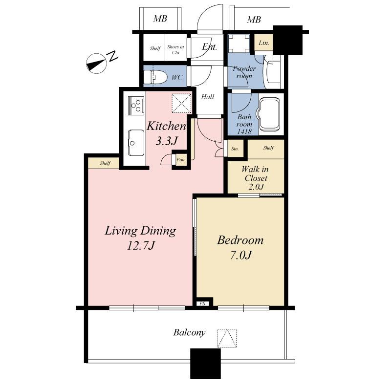Floor plan. 1LDK, Price 49,800,000 yen, Occupied area 54.94 sq m , Balcony area 11.08 sq m