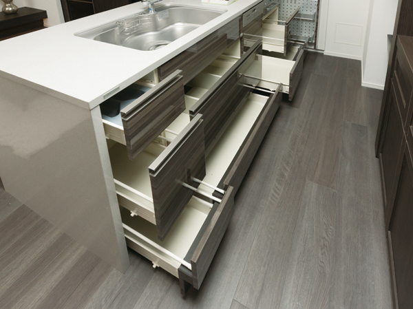 Kitchen.  [Soft-close function with slide storage] Slide storage that can be leveraged up to every nook and corner of the drawer. It is software with close function that quietly closed slowly.