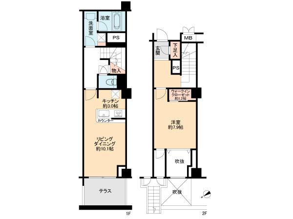 Floor plan. 1LDK, Price 60,800,000 yen, Occupied area 68.69 sq m , Balcony area 7.46 sq m