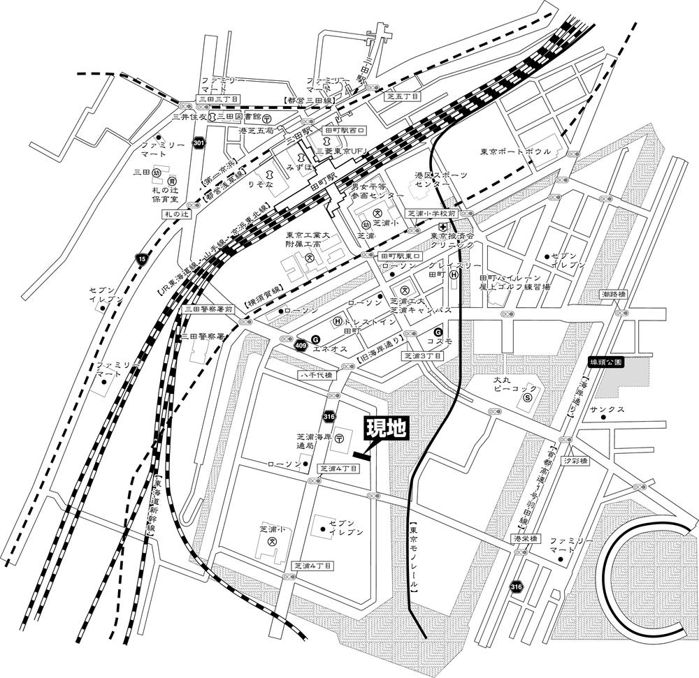 Local guide map. JR Yamanote Line ・ Keihin Tohoku Line "Tamachi" station walk 11 minutes