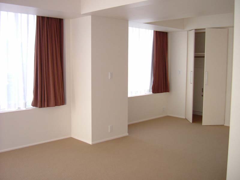 Living and room. Carpeted, illumination, With curtain