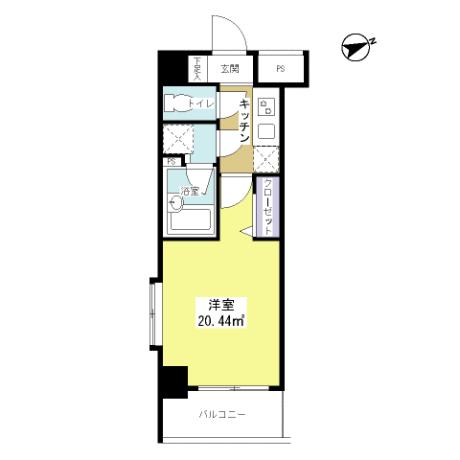 Floor plan. 1K, Price 16.8 million yen, Occupied area 20.44 sq m , Balcony area 3.08 sq m