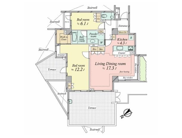 Floor plan. 2LDK, Price 100 million 4.8 million yen, Occupied area 92.07 sq m , Balcony area 2.22 sq m
