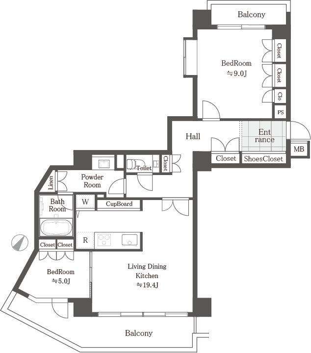 Floor plan. 2LDK, Price 85,800,000 yen, Occupied area 91.41 sq m , Balcony area 19.84 sq m