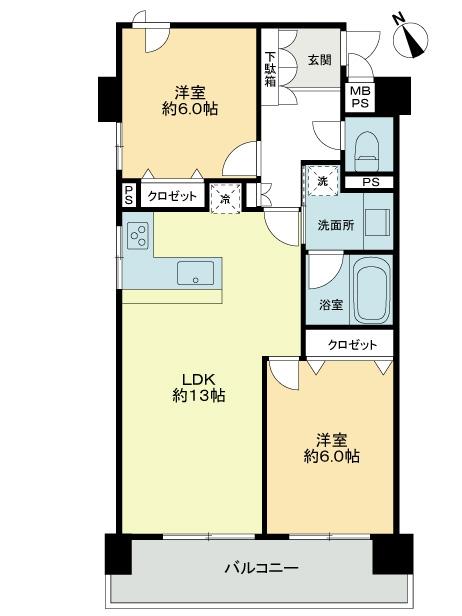 Floor plan. 2LDK, Price 39,800,000 yen, Occupied area 60.76 sq m , Balcony area 9.54 sq m