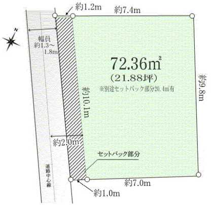 Compartment figure. Land area: 72.36 sq m (21.88 square meters) other road recession partial area 20.38 sq m there is highly convenient good standing