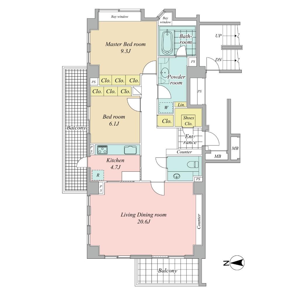 Floor plan. 2LDK, Price 126 million yen, Footprint 104.13 sq m , Balcony area 18.26 sq m