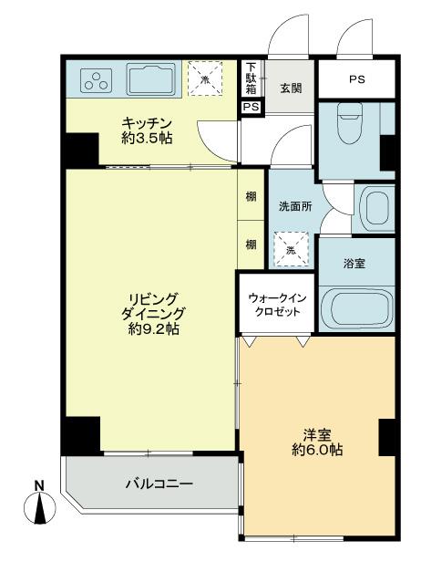 Floor plan. 1LDK, Price 32,900,000 yen, Occupied area 44.07 sq m , Balcony area 3.1 sq m between the floor plan