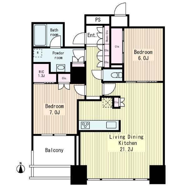 Floor plan. 2LDK, Price 69,800,000 yen, Occupied area 80.45 sq m , Balcony area 5.95 sq m