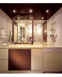 Bathing-wash room.  [Powder room and spacious] Dresser for relaxed some skin care and make-up and coordination in natural stone, Width has been designed as much as possible to a wide. The storage space available under the mirror aside and counter, At any time you have to be able to keep the aesthetics. (Designer's plan C-80I type)