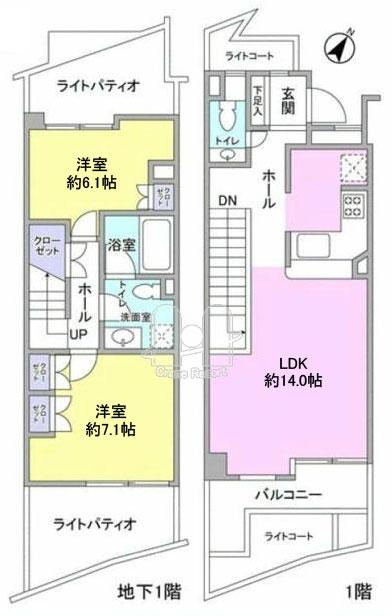 Floor plan. 2LDK, Price 72 million yen, Occupied area 72.25 sq m , Balcony area 5.21 sq m private between full maisonette plan. It has become throughout spacious design.