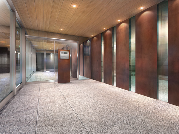 Buildings and facilities. One side entrance hall using a steel plate and the mirror as an accent wall. Flooring unified granite from Seddo portion to the elevator hall, We directed the visual unity of outer space and the inner space.  ※ Entrance Hall Rendering